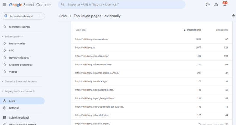 قسمت گزارش لینک ها در سرچ کنسول گوگل