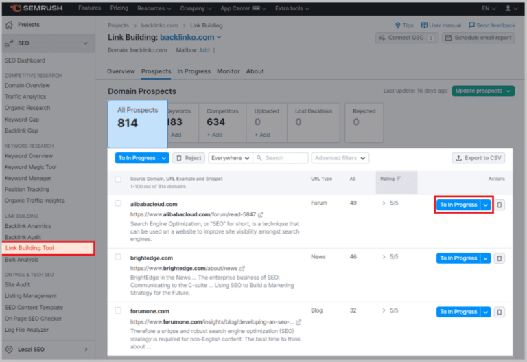 چشم‌اندازهای ابزار لینک‌سازی Semrush