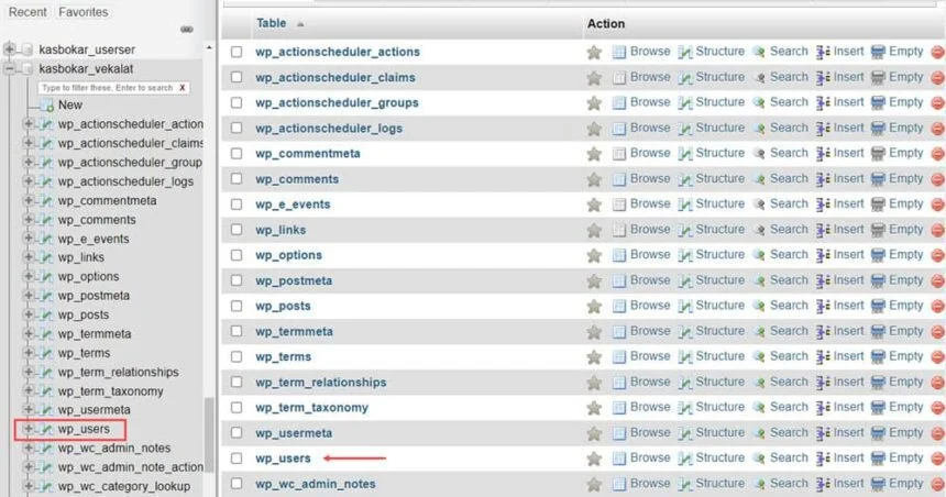انتخاب جدول user برای تغییر رمز عبور وردپرس انتخاب جدول user برای تغییر رمز عبور وردپرس
